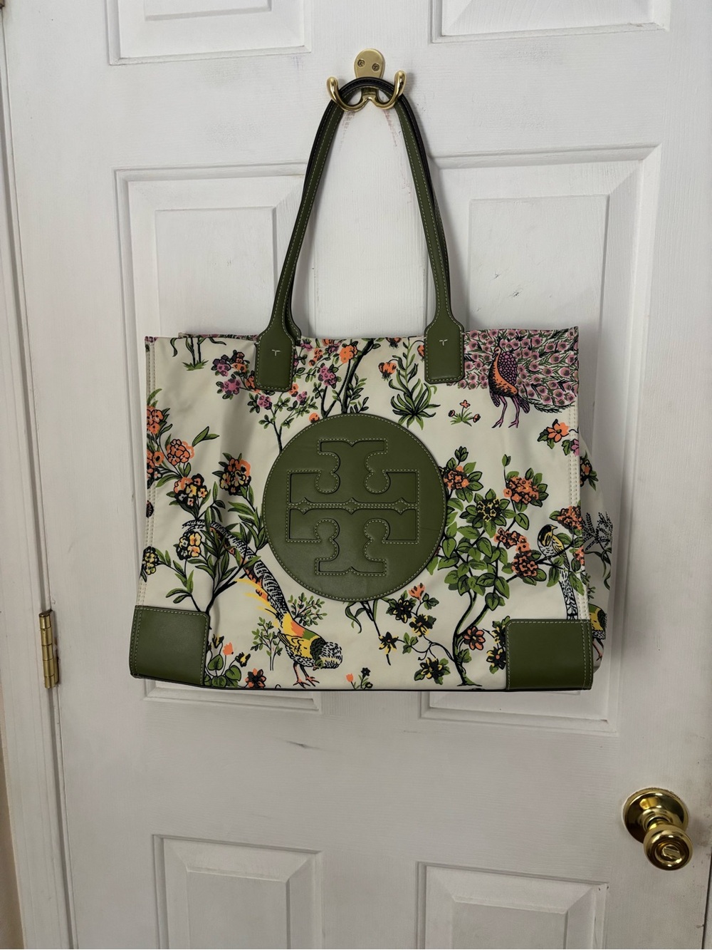 Tory Burch Ivory Floral Canvas Tote with Olive Green Trim